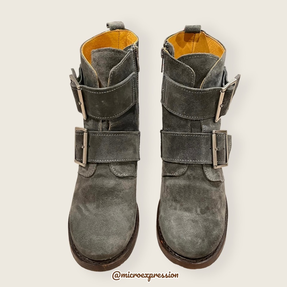 $399 Frye Sabrina Double Buckle Academia Grey Suede Leather Block Heel AnkleBoot - Picture 12 of 16